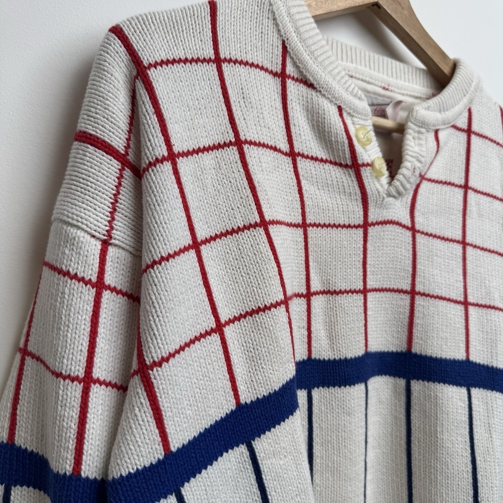 VTG Competitive Edge Neiman Marcus Large Knit Sweater Henley Cotton White Grid - Picture 6 of 13